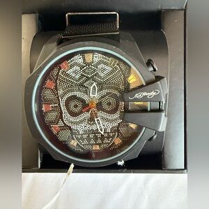 Ed Hardy Black Dial Men’s Watch with Crystal Skull